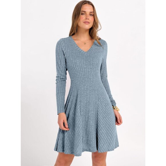Women's Long Sleeve Ribbed Knit Short Dresses V Neck Swing Sweater Dress Blue - Picture 2 of 7